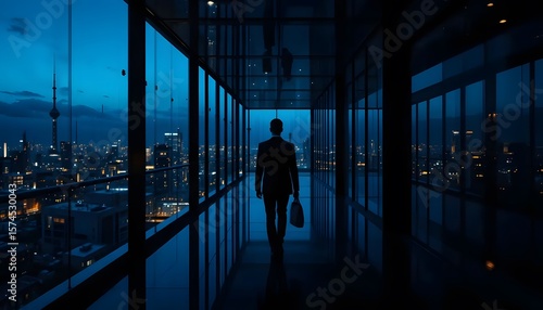 Businessman walking in modern office building overlooking city skyline at night time