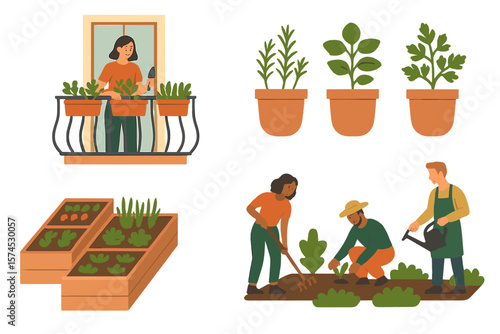 Urban gardening activities in a vibrant balcony and garden setting during bright daytime hours