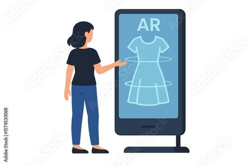 Interactive augmented reality display showing virtual dress on a woman in a retail store setting