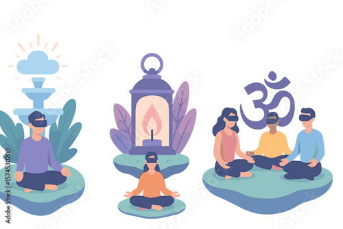 Meditation practice in a serene environment with virtual reality elements showcasing relaxation and mindfulness