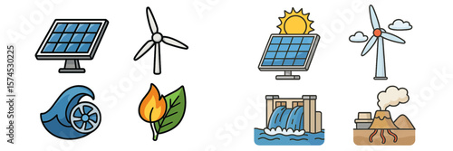Energy sources including wind, solar, hydro, and geothermal represented with icons in a colorful and educational layout