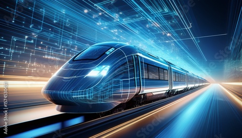 modern train fast speed digital on blue technology background