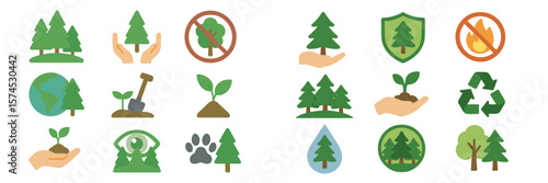 Symbols representing environmental conservation and sustainability efforts in nature-themed design