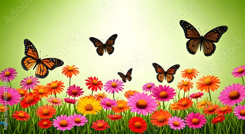 Bright butterflies flying over a field of colorful flowers