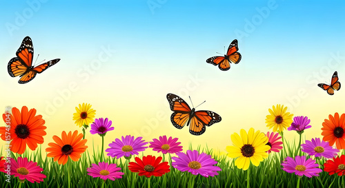 Bright butterflies flying over a field of colorful flowers