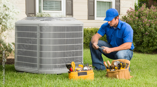 HVAC Technician Installing or Servicing Outdoor Air Conditioner Unit at Residential House, Professional Repairman Working on Heat Pump System in Green Yard