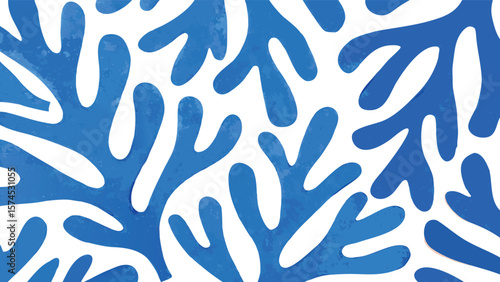 Abstract blue shapes on white background resembling seaweed or coral in a repeating pattern design