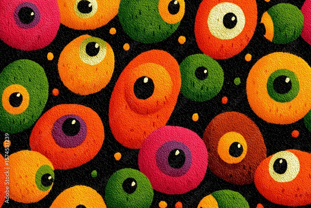 Fototapeta premium Retro Halloween Eyeball Pattern on Black Background