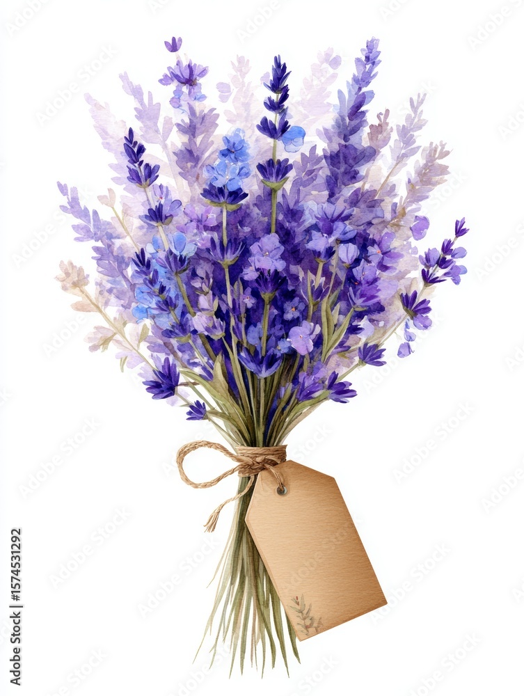 Fototapeta premium Soft watercolor illustration of a tied wild lavender bouquet with kraft paper tag on white backdrop featuring gentle lilac tonal variations