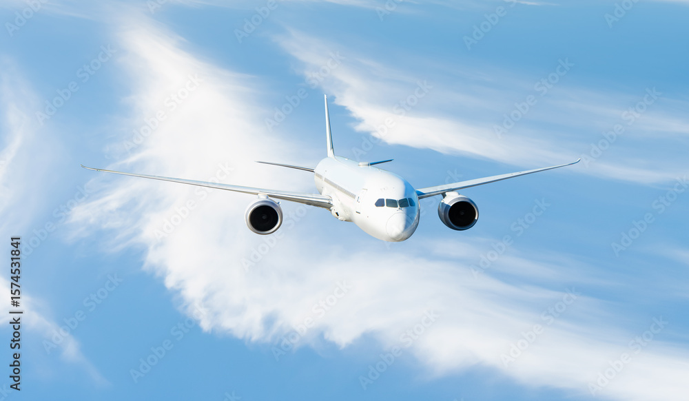 Fototapeta premium White passenger airplane flying in the sky amazing clouds in the background - Travel by air transport