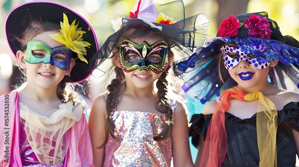Obraz premium Children's Masquerade Party Clothing Styles: Whimsical Costume Designs, Fantasy Themed Outfits, and Playful Masked Attire for Kids