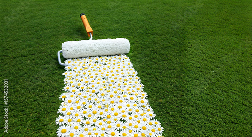 Close-up of a paint roller made of white daisies applying a path of flowers on a vibrant green background — concept of eco-friendly renovation