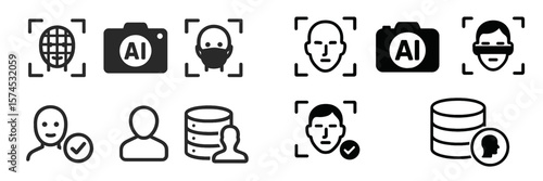 Various icons representing artificial intelligence, facial recognition, and data privacy concepts in a digital environment