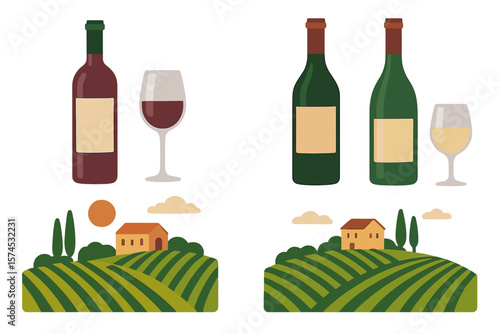 Wine bottles and glasses with vineyard landscape in warm sunlight during an afternoon gathering