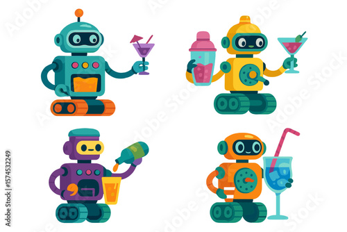 Colorful robot bartenders mixing cocktails at a lively party setting during a cheerful summer afternoon