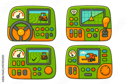 Control panels for modern agricultural machinery showing tractor and harvesting operations on screens