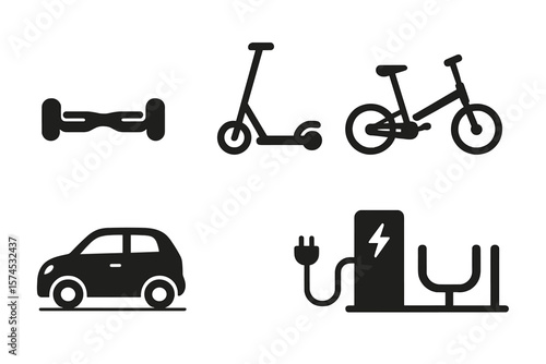 Different modes of transportation including electric scooter, bicycle, hoverboard, and electric car charging station displayed together