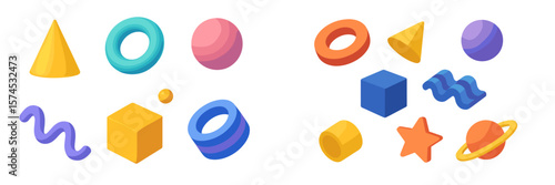 Colorful geometric shapes arranged in a playful manner showcasing various colors and forms for educational activities