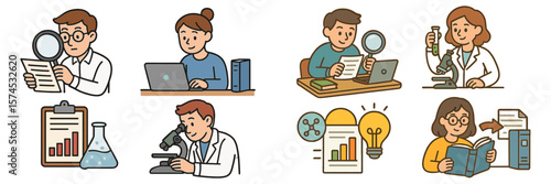 Illustration of students engaged in various scientific activities at a laboratory setting during daytime