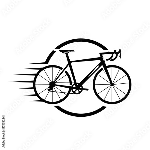 Stylized black and white illustration of a road bicycle with motion lines and partial circular framing to emphasize speed and movement.