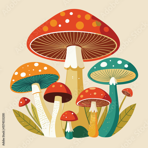 Colorful vector illustration of various cartoon mushrooms in a forest setting