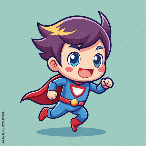 Cartoon superhero child running, wearing blue costume with red cape and boots