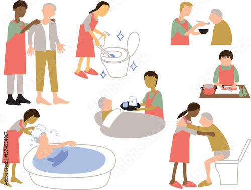 高齢者を介護する多国籍のホームヘルパーのイラストセット