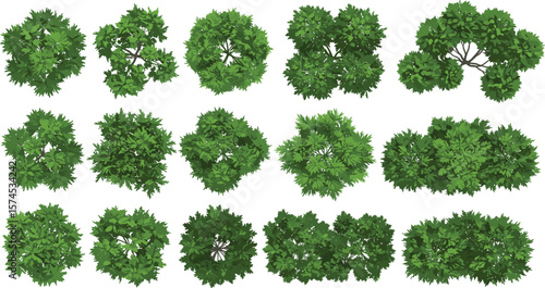 
Top view green tree collection, realistic foliage set, landscaping design elements, garden planning clipart, aerial nature illustration pack