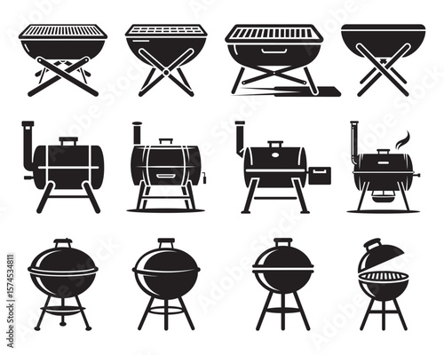 BBQ Grill Icon Set Black Silhouette Vector Barbecue Smokers and Grills Collection