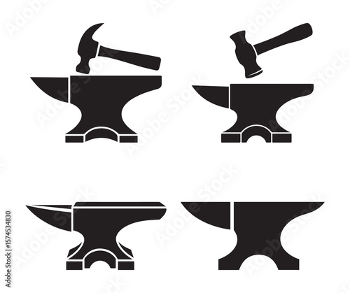 Anvil and Hammer Icon Set Blacksmith Tools Vector Silhouette Collection