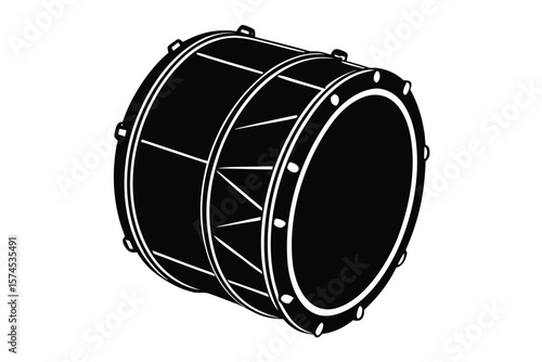 Black and white silhouette of a large drum with metal hardware