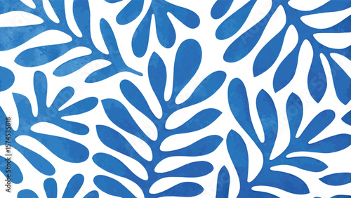 Aesthetic background with blue leaf shapes scattered on a white surface creating a pattern design
