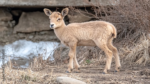 Young markhor stands alert in the landscape.