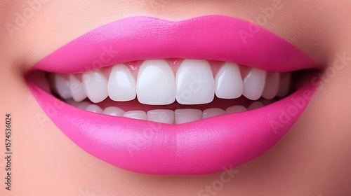 Close-up view of a smile with bright pink lips.