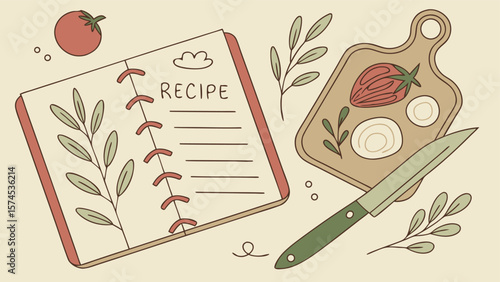 Recipe book with kitchen utensils and ingredients isolated on Transparent Background