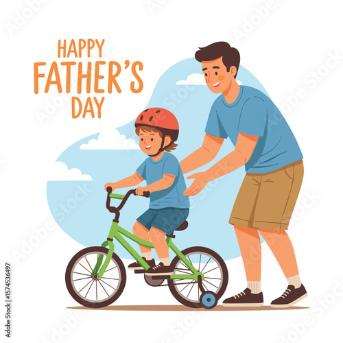 A dad helps his son learn to ride a bicycle on Fathers Day. The boy is smiling and wearing a helmet for safety. Good family moments.