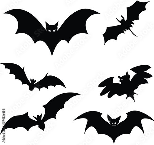 Nine Black Halloween Bat Silhouettes