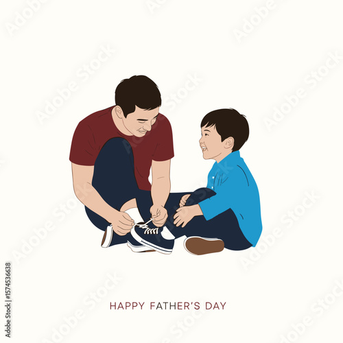 A heartwarming Father's Day illustration capturing a dad tying his son's shoe, symbolizing love and care in a simple yet touching moment.
