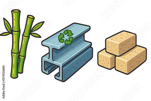 Different materials used in sustainable construction including bamboo, recycled steel, and eco-friendly bricks for green building practices
