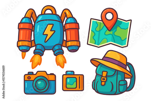 Colorful travel and adventure elements showcasing a rocket backpack, camera, map, and hat for outdoor exploration activities