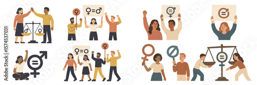 Advocates unite for gender equality with signs and scales symbolizing balance and fairness in a vibrant demonstration