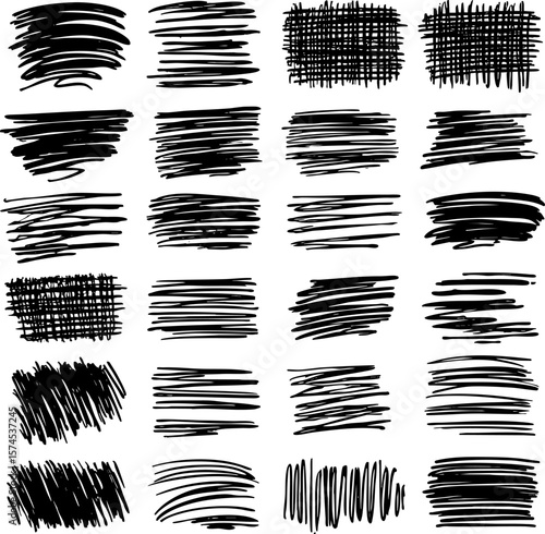 A collection of hand-drawn vector grunge textures. Features various sketchy hatching, cross-hatching, and brush stroke styles in square shapes. Perfect for patterns.