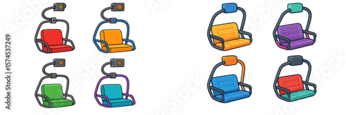 Colorful ski lift chairs displayed in various designs suitable for a winter sports resort or amusement park