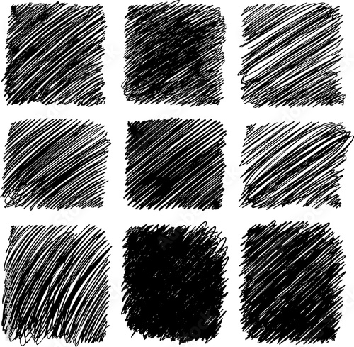A collection of black vector grunge textures in square shapes. Each block is filled with sketchy diagonal hatching, perfect for creative backgrounds and patterns.