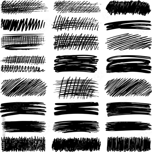 A diverse set of hand-drawn vector grunge textures. Features various hatching, scribbles, and brush strokes. Toolkit for creative design projects.