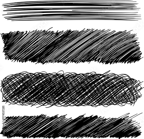 A set of hand-drawn vector grunge banners and dividers. Features horizontal hatching and scribble textures. Isolated graphics for modern artistic designs and backgrounds.