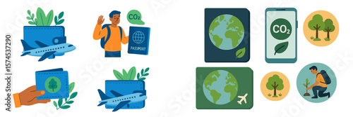 Travelers focusing on sustainability with passports, eco-friendly choices, and a commitment to reducing carbon emissions in a green world