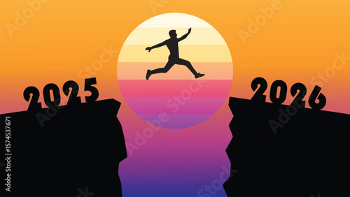 A silhouetted man leaps across a cliff from 2025 to 2026 at sunset, symbolizing progress, ambition, and new beginnings at year-end.