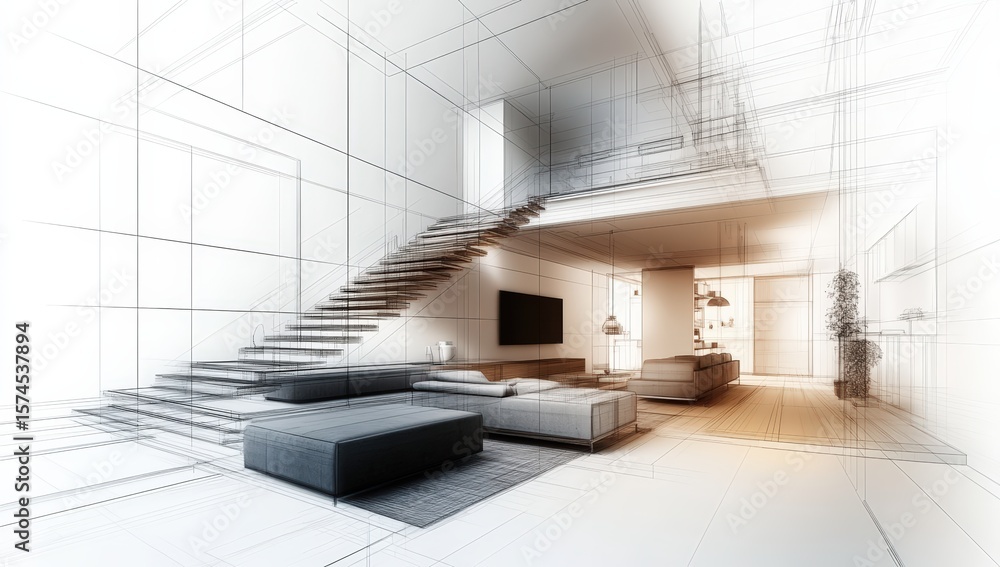 Fototapeta premium Modern living room interior blending 3D wireframe design with realistic elements and a floating staircase.