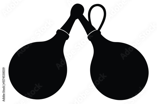 Two black enema bulbs with attached nozzles and loops on a white background